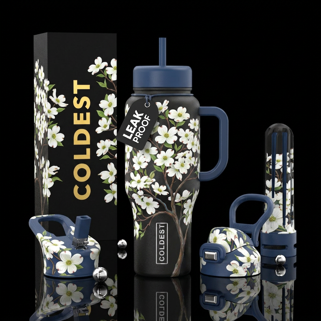 White dogwood tree water bottle design