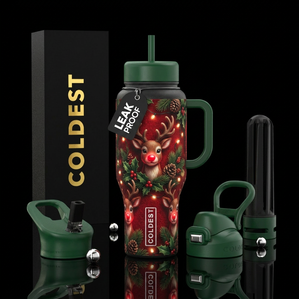 Rudolph with a glowie red nose water bottle design