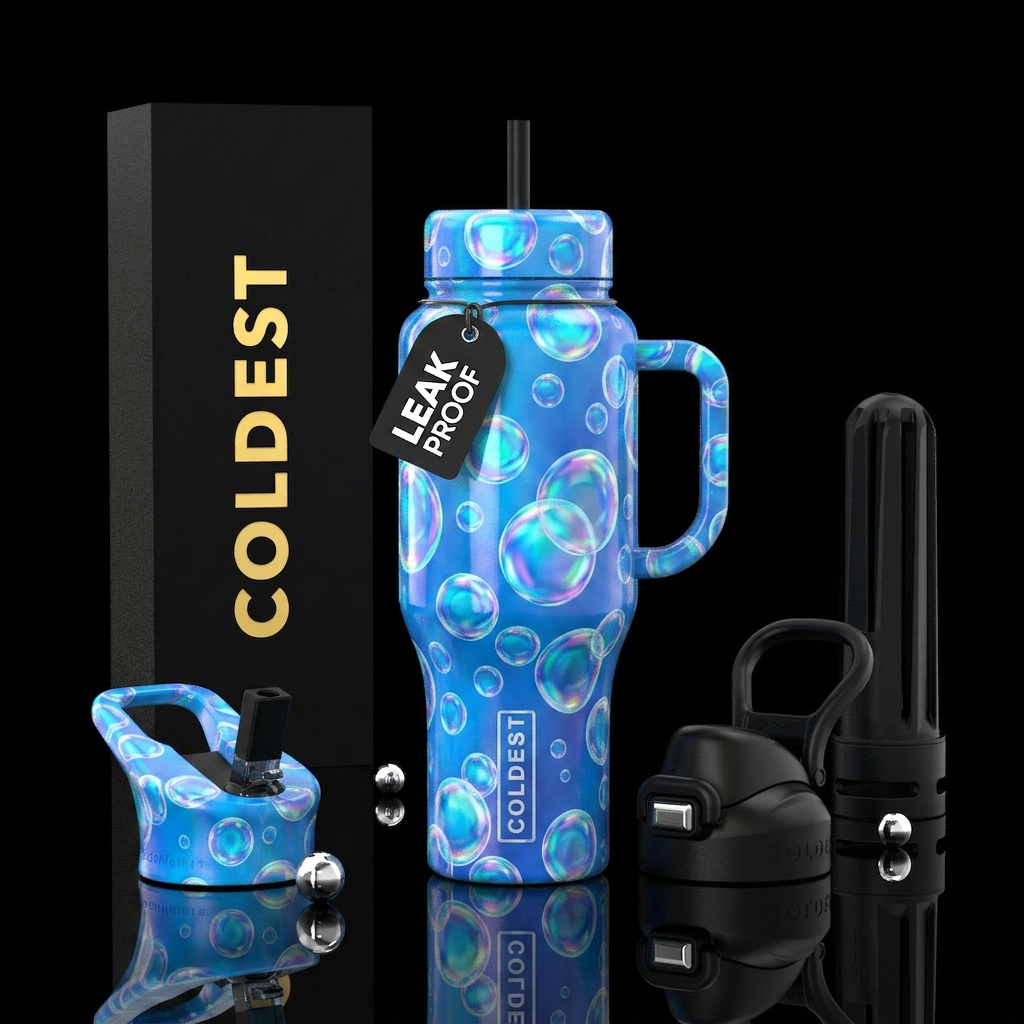 Iridescent bubbles on a blue water bottle design