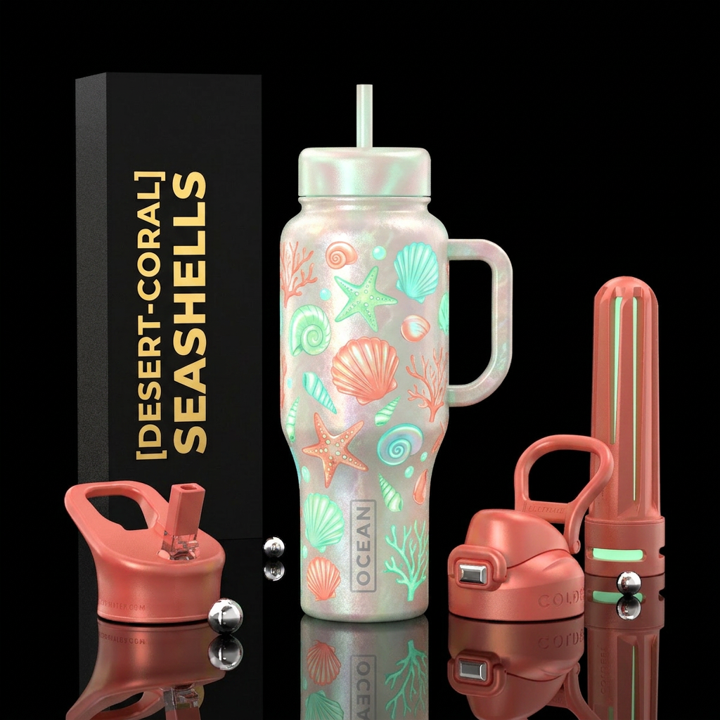 Pearlized, glow-in-the-dark seashells and starfish water bottle design