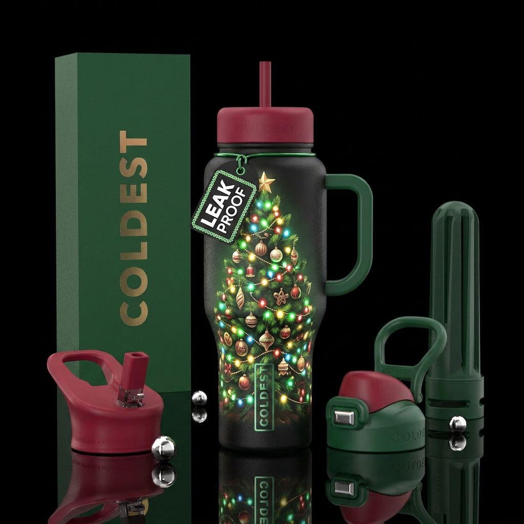 Decorated Christmas tree with glow in the dark lig... water bottle design