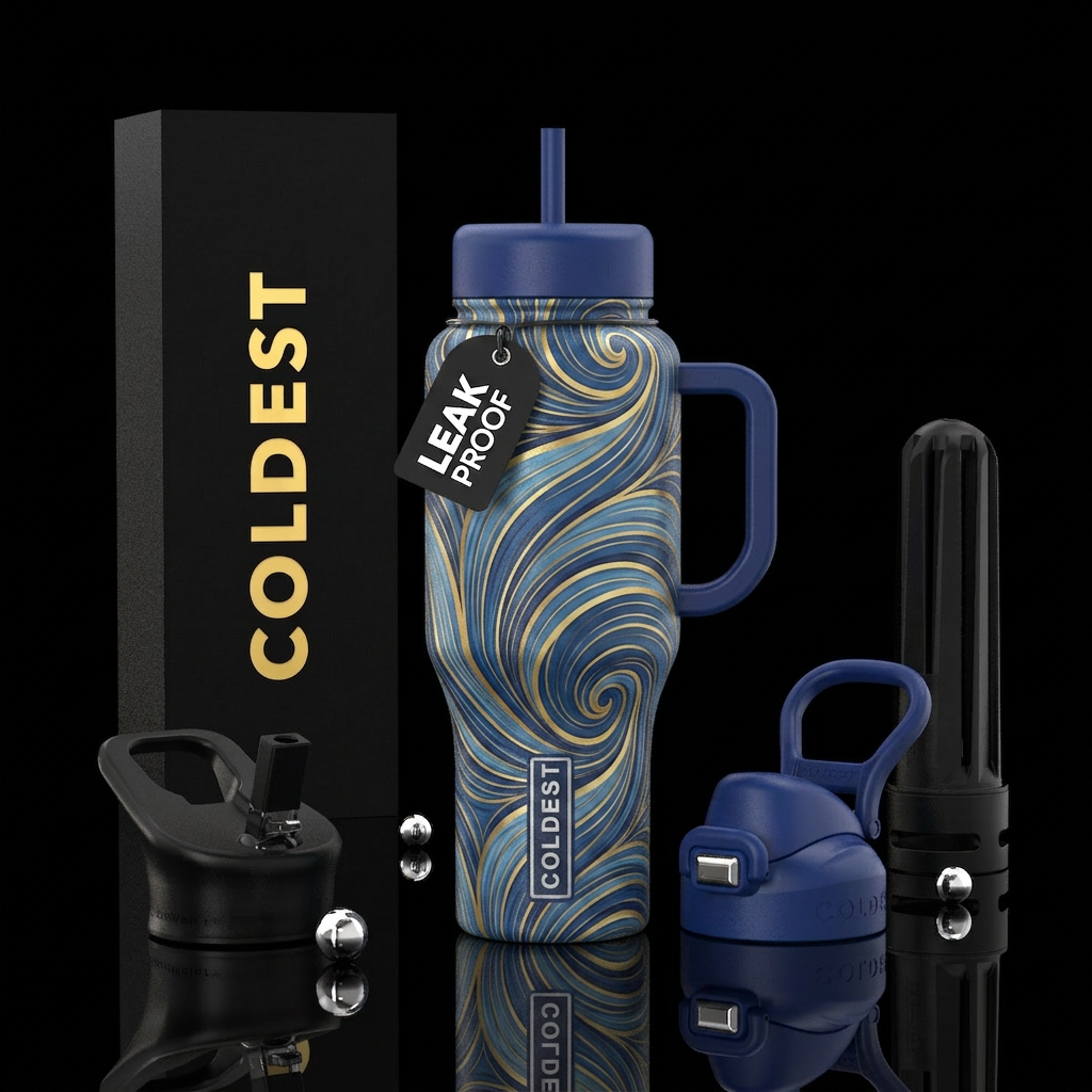 swirls of blue and gold water bottle design