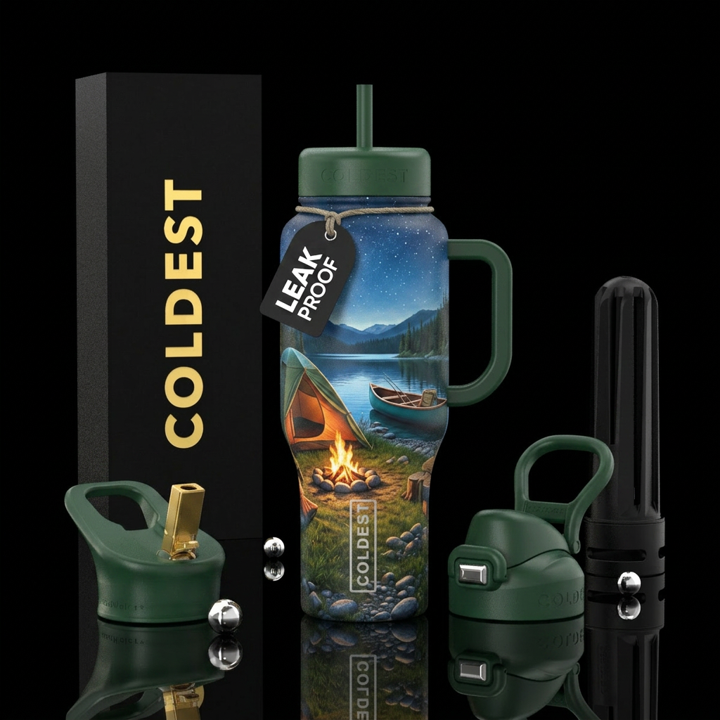 Camping at the lake water bottle design