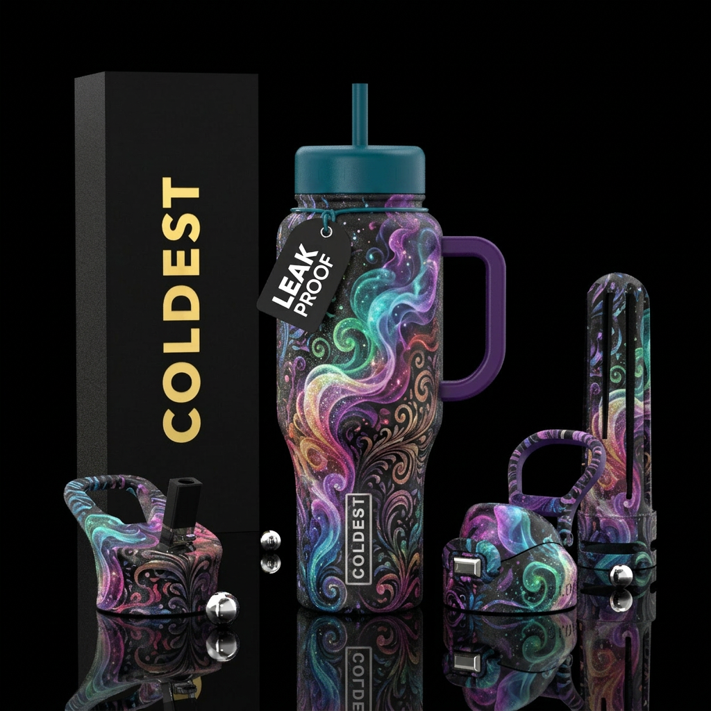 sparkly, whimsical, swirls, smoke, darkness water bottle design