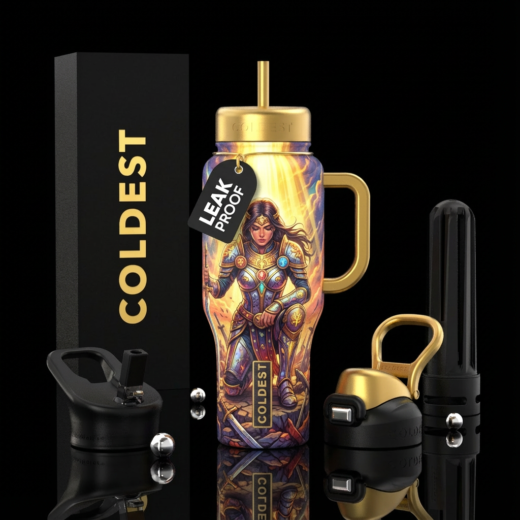 A woman covered with the armor of God, on her knee... water bottle design