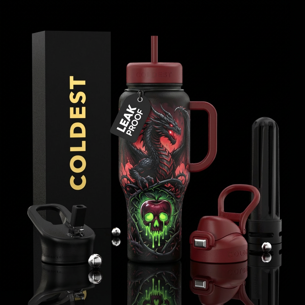 A black dragon coming out of a gigantic thorn patc... water bottle design