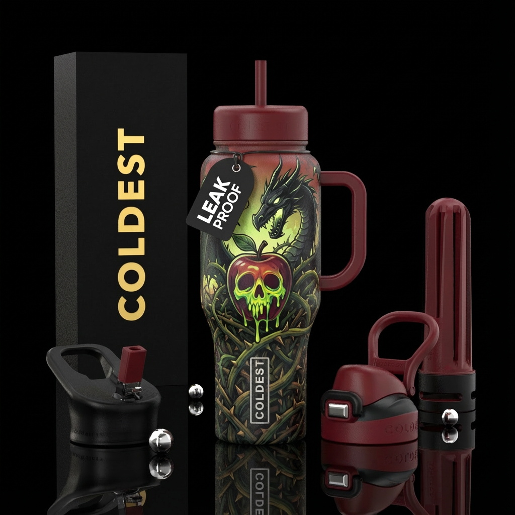 A black dragon coming out of a gigantic thorn patc... water bottle design