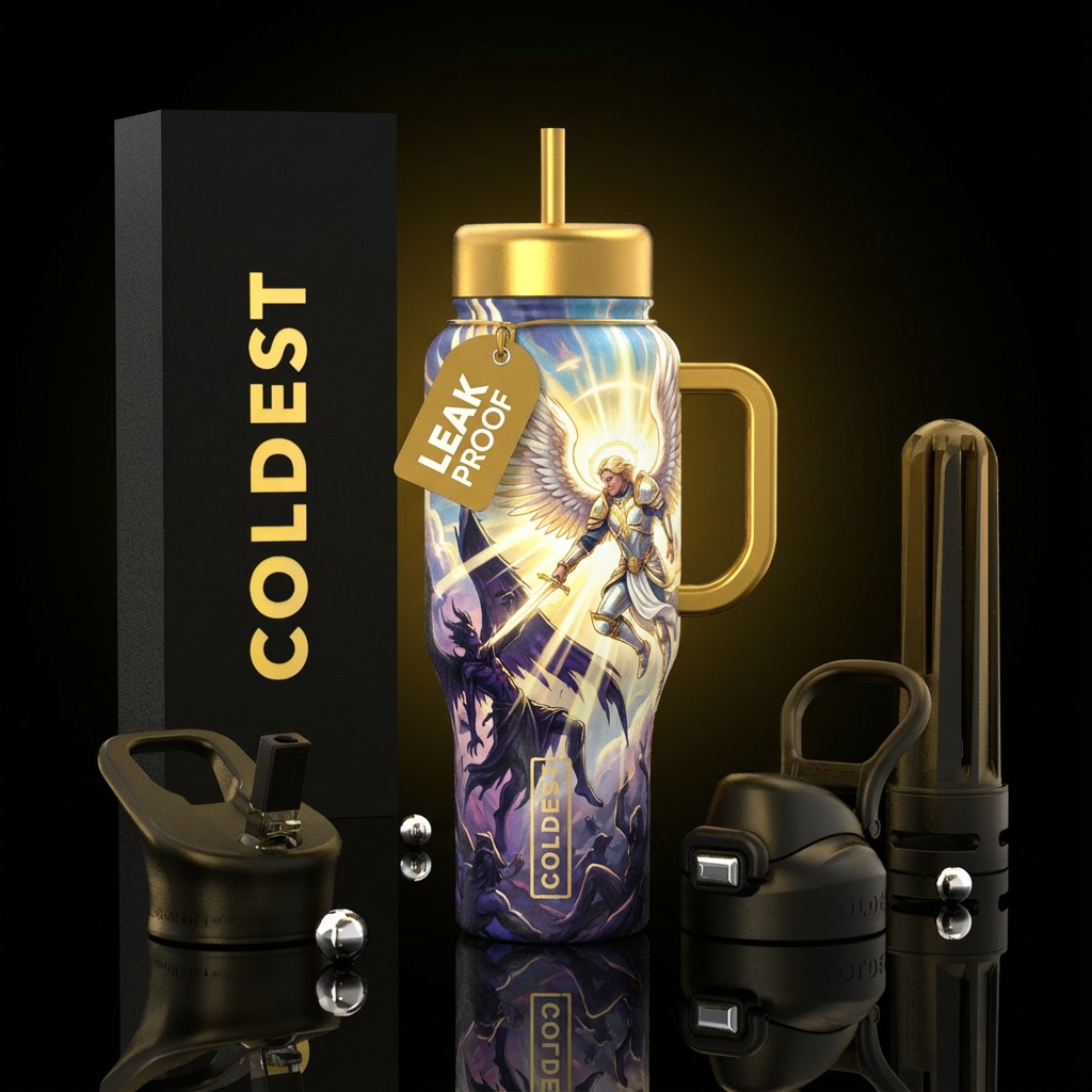 Angel of light winning a battle with an angel of d... water bottle design