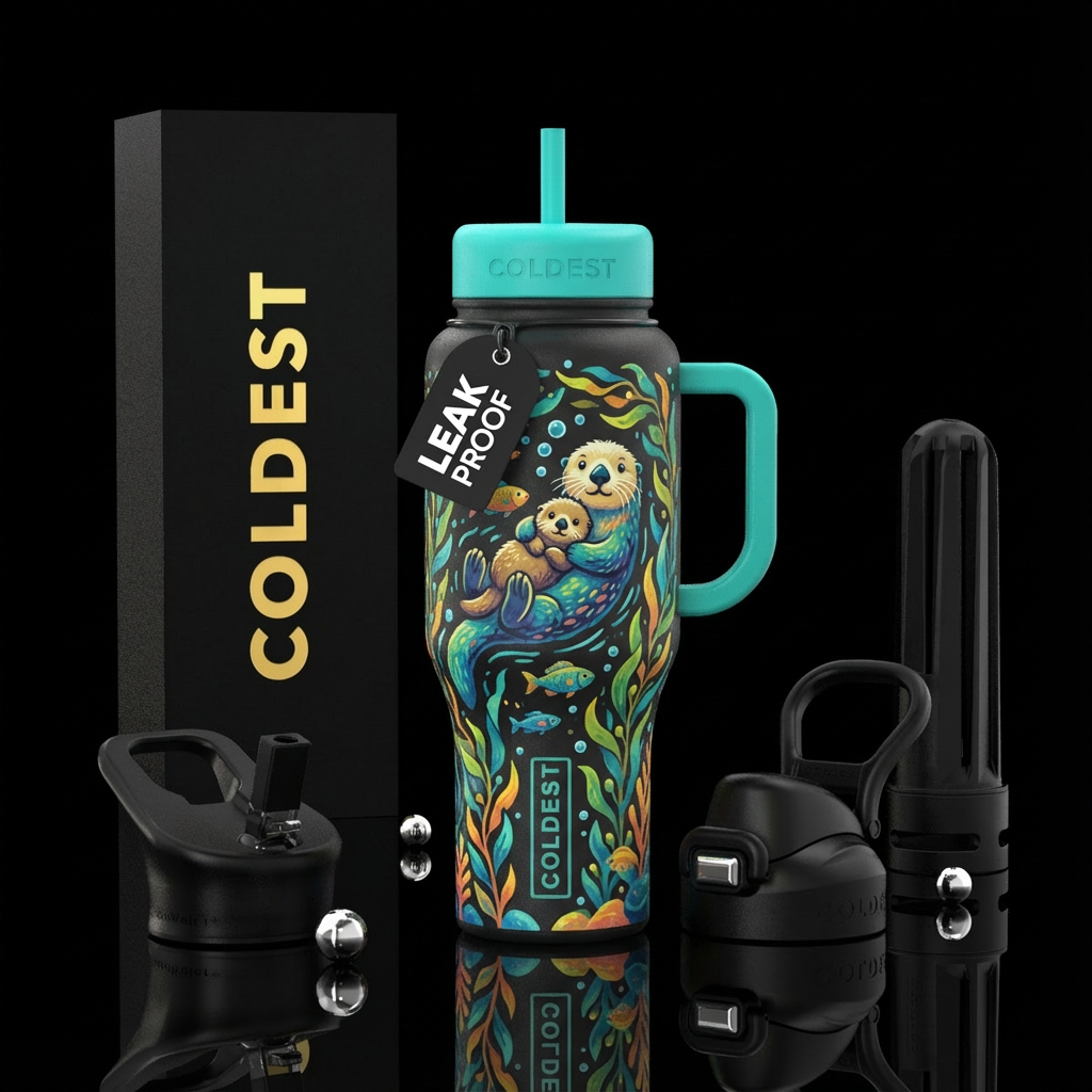 Sea otter with pup water bottle design