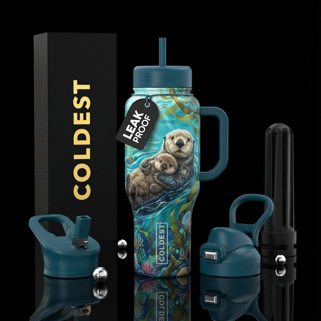 Sea otter with pup water bottle design