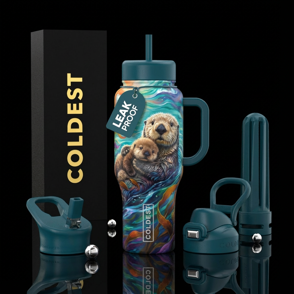 Sea otter with pup water bottle design