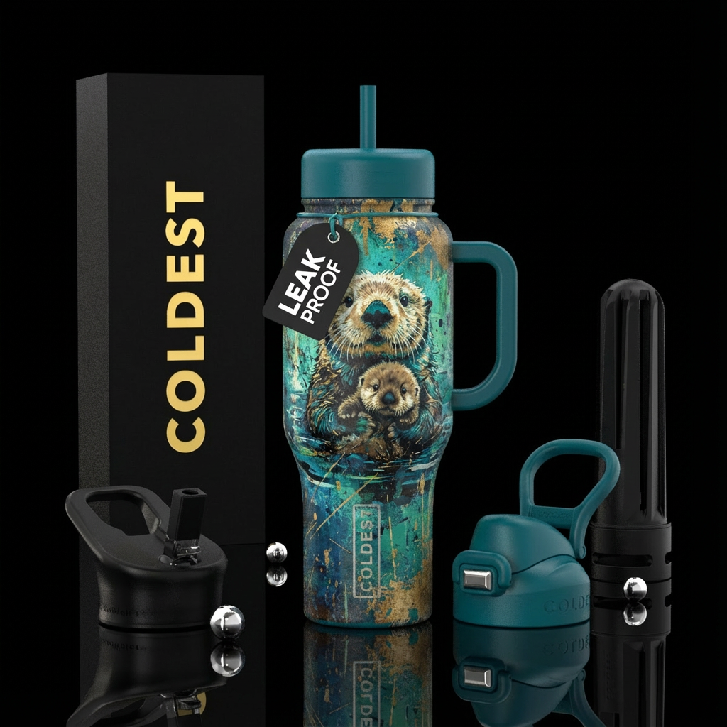 Sea otter with pup water bottle design