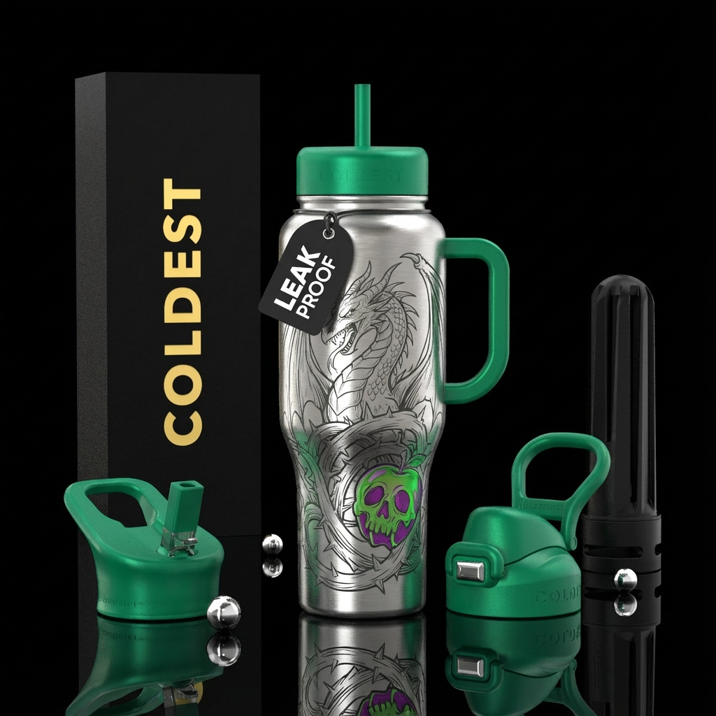 A large Line drawing in stainless steel of a drago... water bottle design