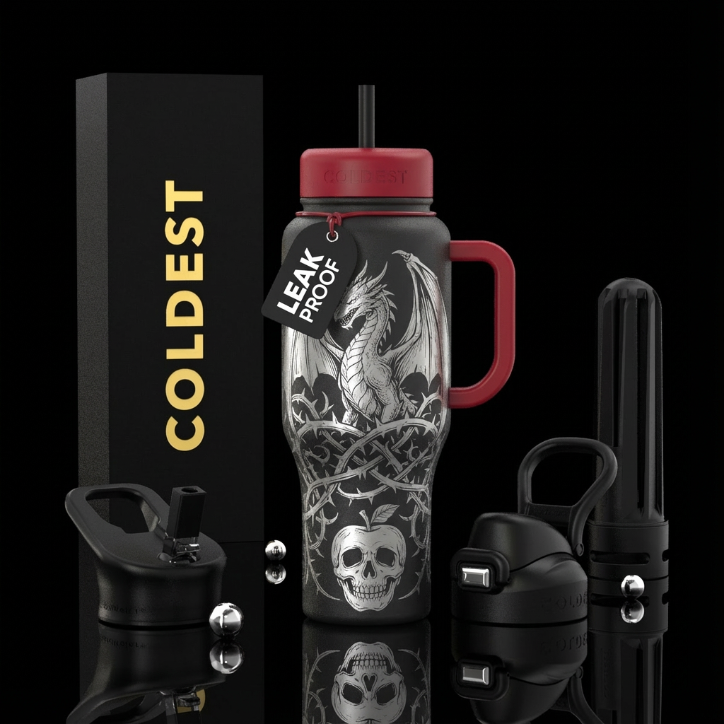 A large Line drawing in stainless steel of a drago... water bottle design
