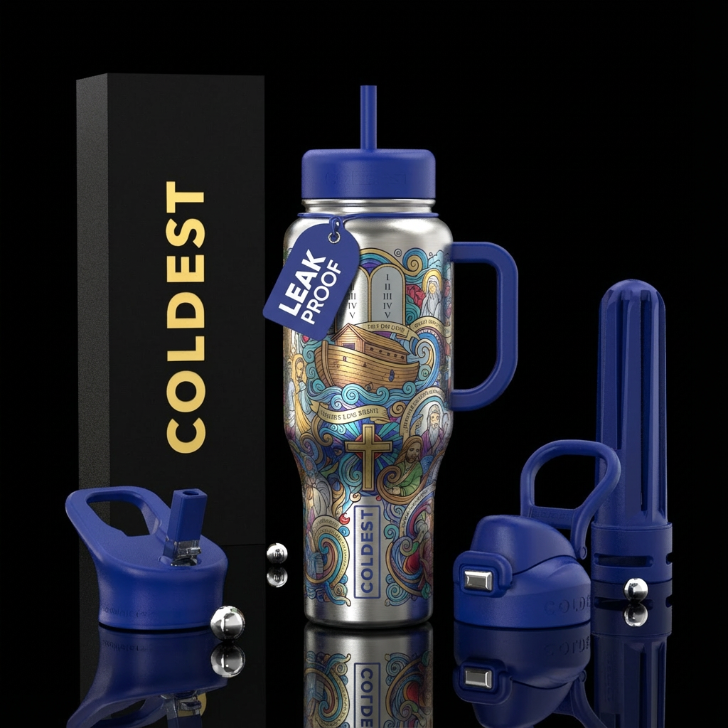 A  stainless steel line drawing of Bible theme. water bottle design