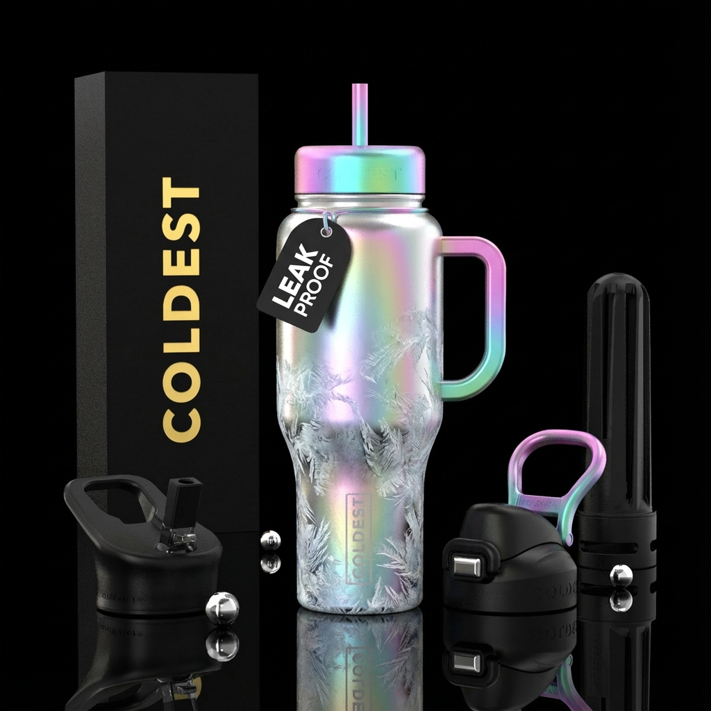 A silvery metallic background with pastel rainbow ... water bottle design