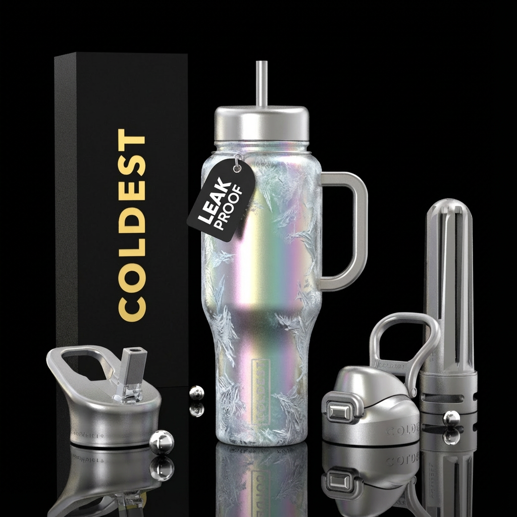 A silvery metallic background with pastel rainbow ... water bottle design