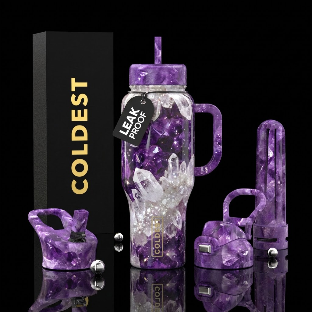 Sparkly white and purple amethyst crystal bottle water bottle design