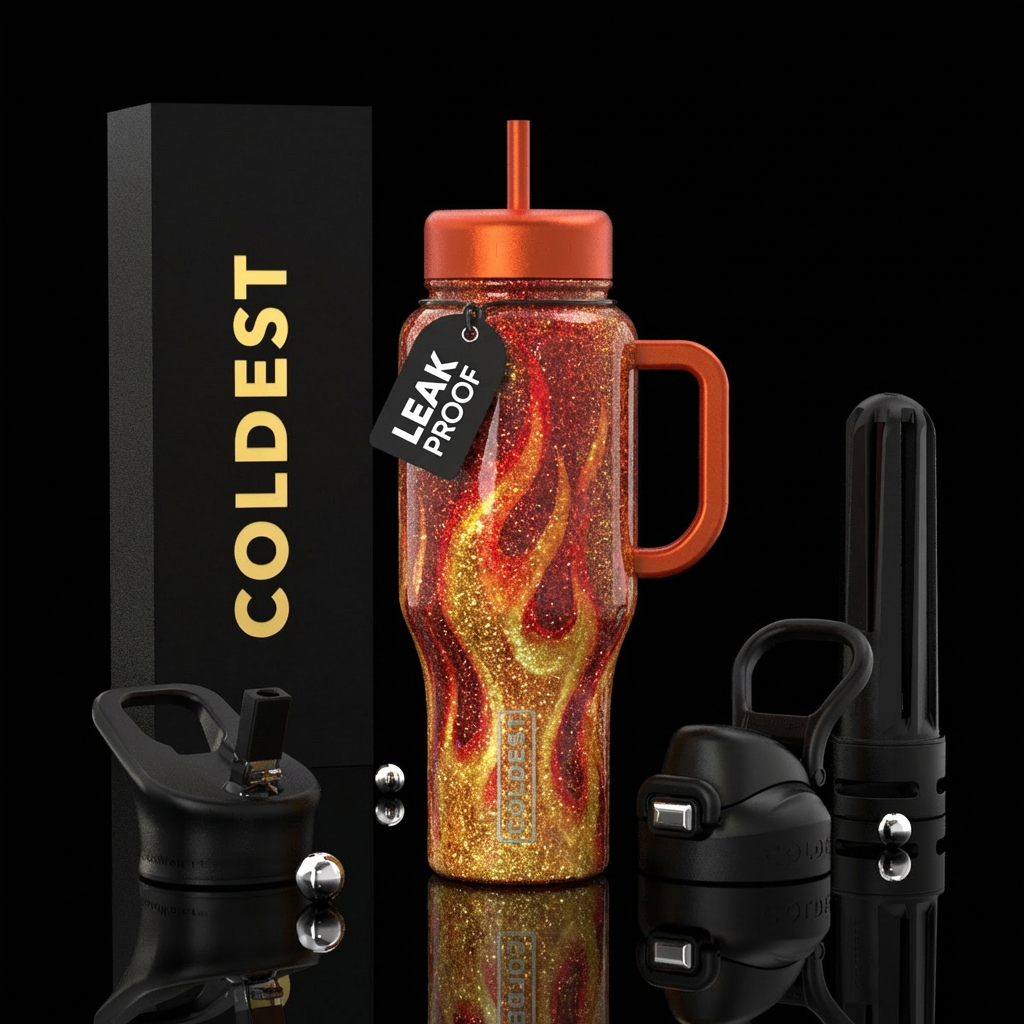 Glitter flames water bottle design