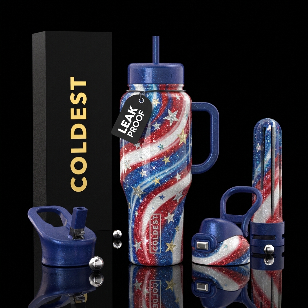 Stars and Stripes swirl glitter water bottle design
