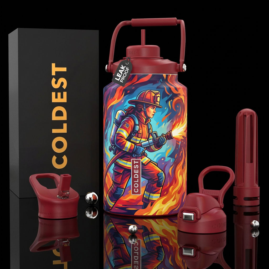 Female firefighter water bottle design