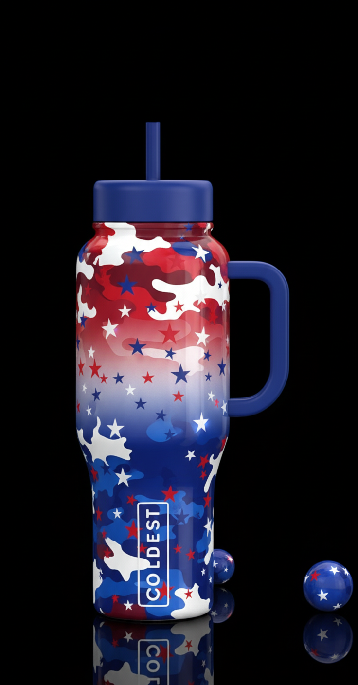 red white blue ombre flage with glowie stars water bottle design
