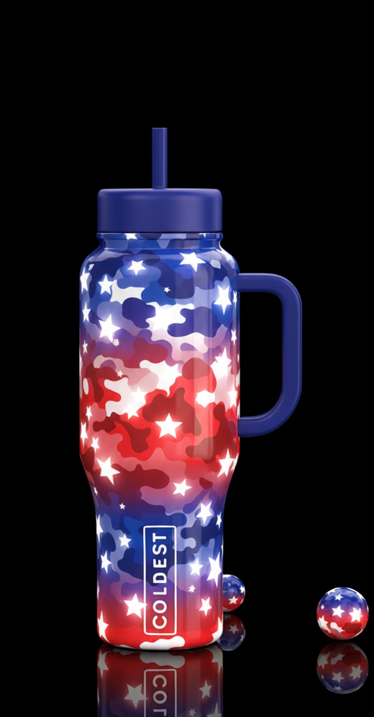 red white blue ombre flage with glowie stars water bottle design