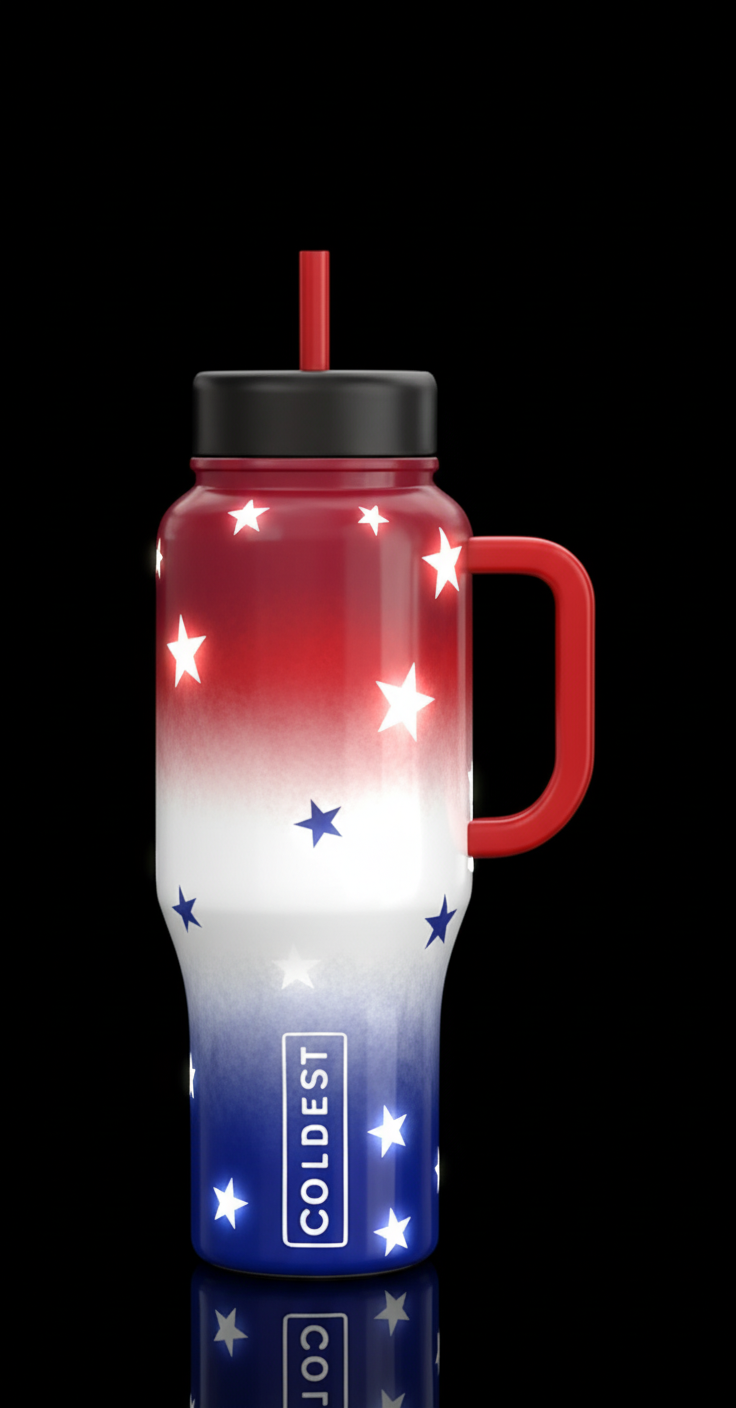 red white blue ombre flage with glowie stars water bottle design