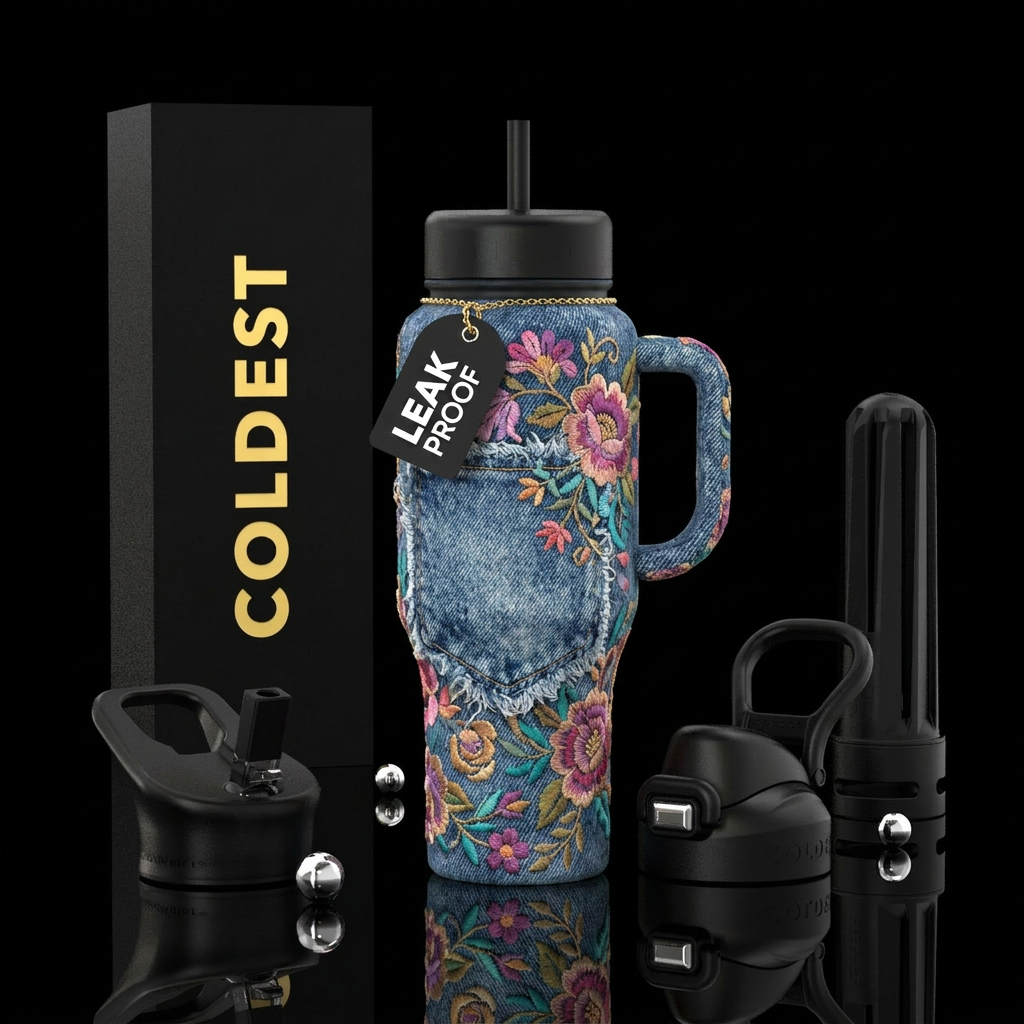 Floral Embroidered Jeans water bottle design