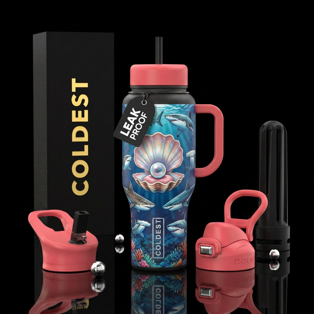 Oyster with pearl surrounded by sharks water bottle design