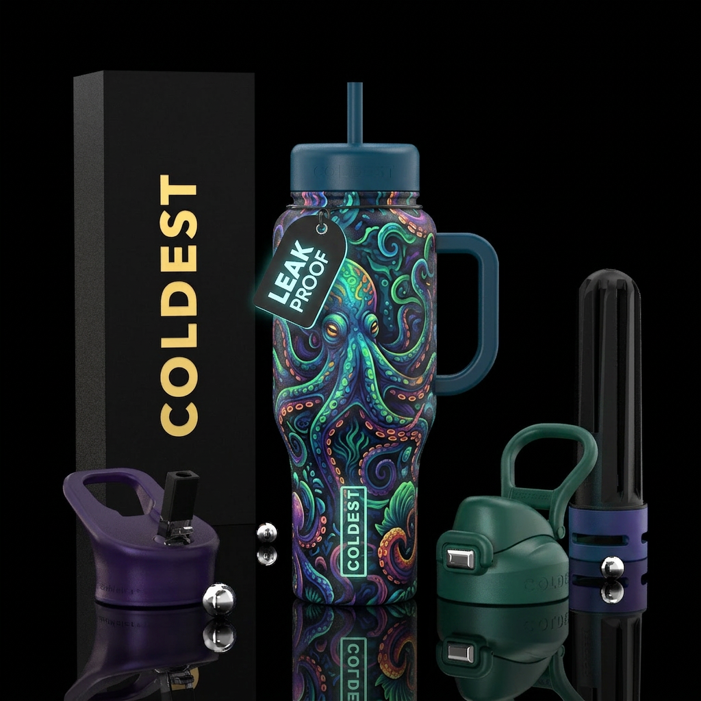 Octopus camouflage ocean colorful glow in the dark water bottle design