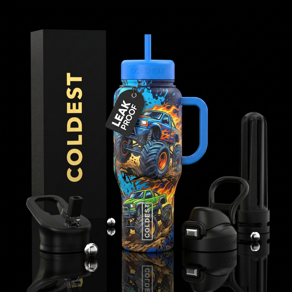 Monster truck design for kids water bottle design
