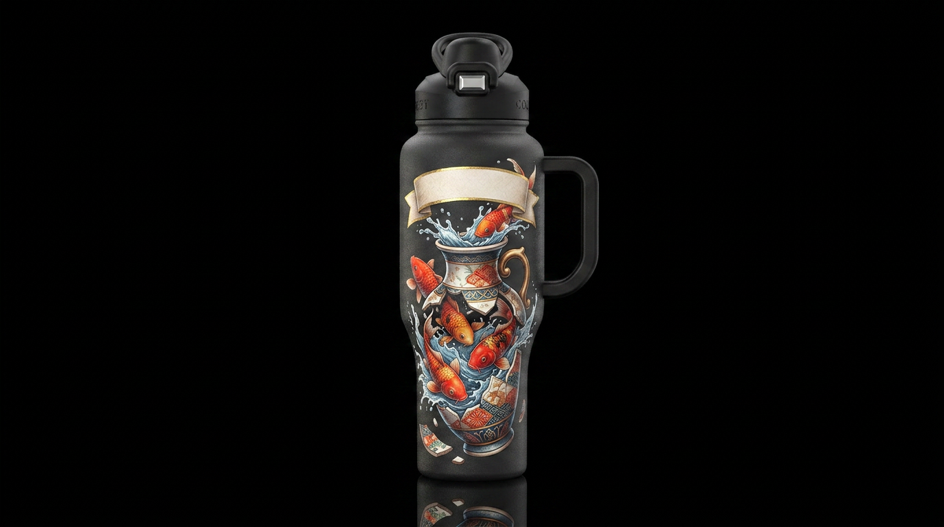 Koi fish breaking out of a ceramic vase with a han... water bottle design