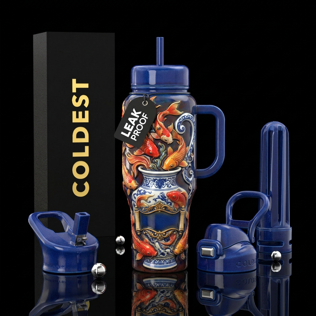 Koi fish breaking out of a ceramic vase with a han... water bottle design