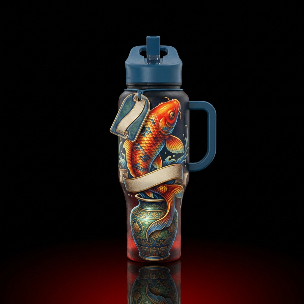 1 large koi fish swimming upward breaking out of a... water bottle design