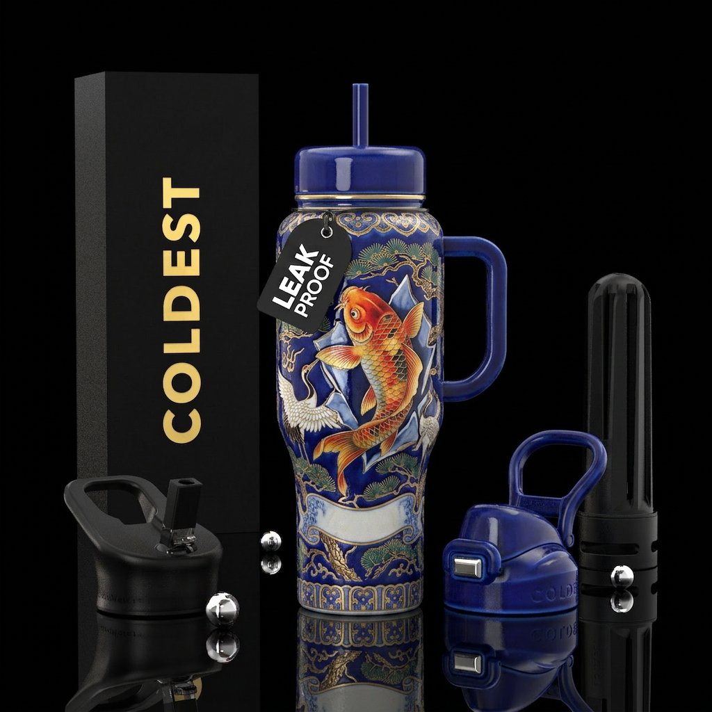 1 large koi fish swimming upward breaking out of a... water bottle design