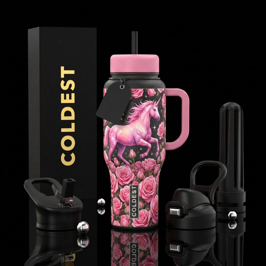 Pink unicorn with sparkles running in a field of p... water bottle design