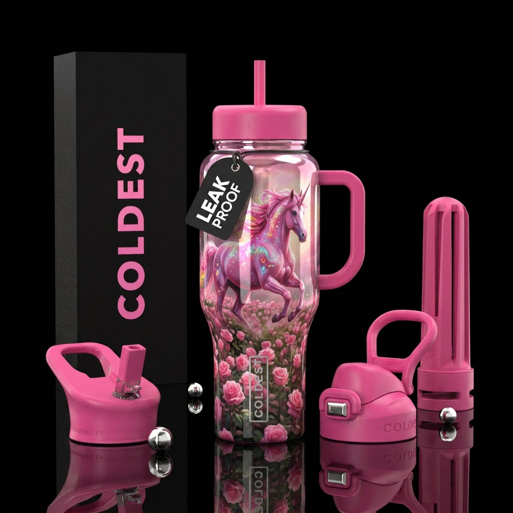 Pink unicorn with sparkles running in a field of p... water bottle design