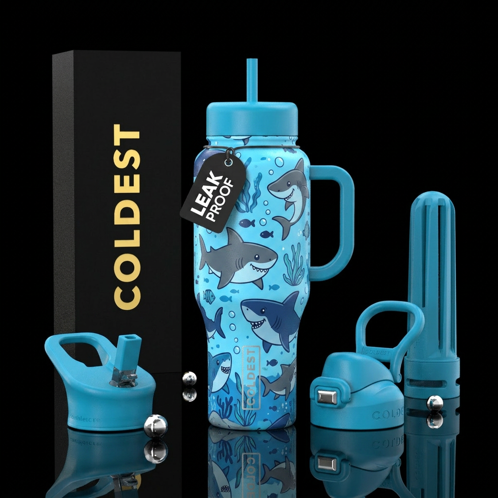 Blue and Grey shark underwater kids cup water bottle design