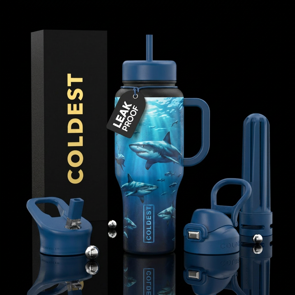Blue and Grey shark underwater kids cup water bottle design