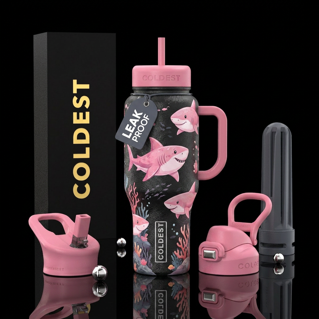 Pink shark underwater kids cup water bottle design