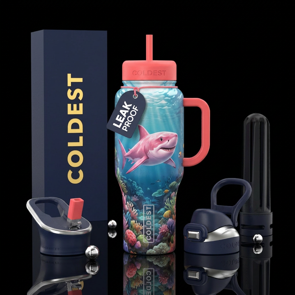Pink shark underwater kids cup water bottle design