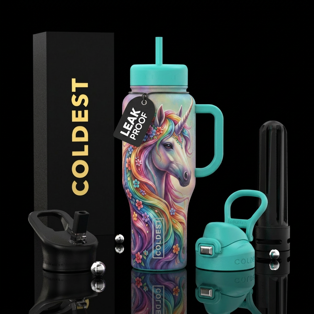 Rainbow unicorn up close with beautiful big mane w... water bottle design