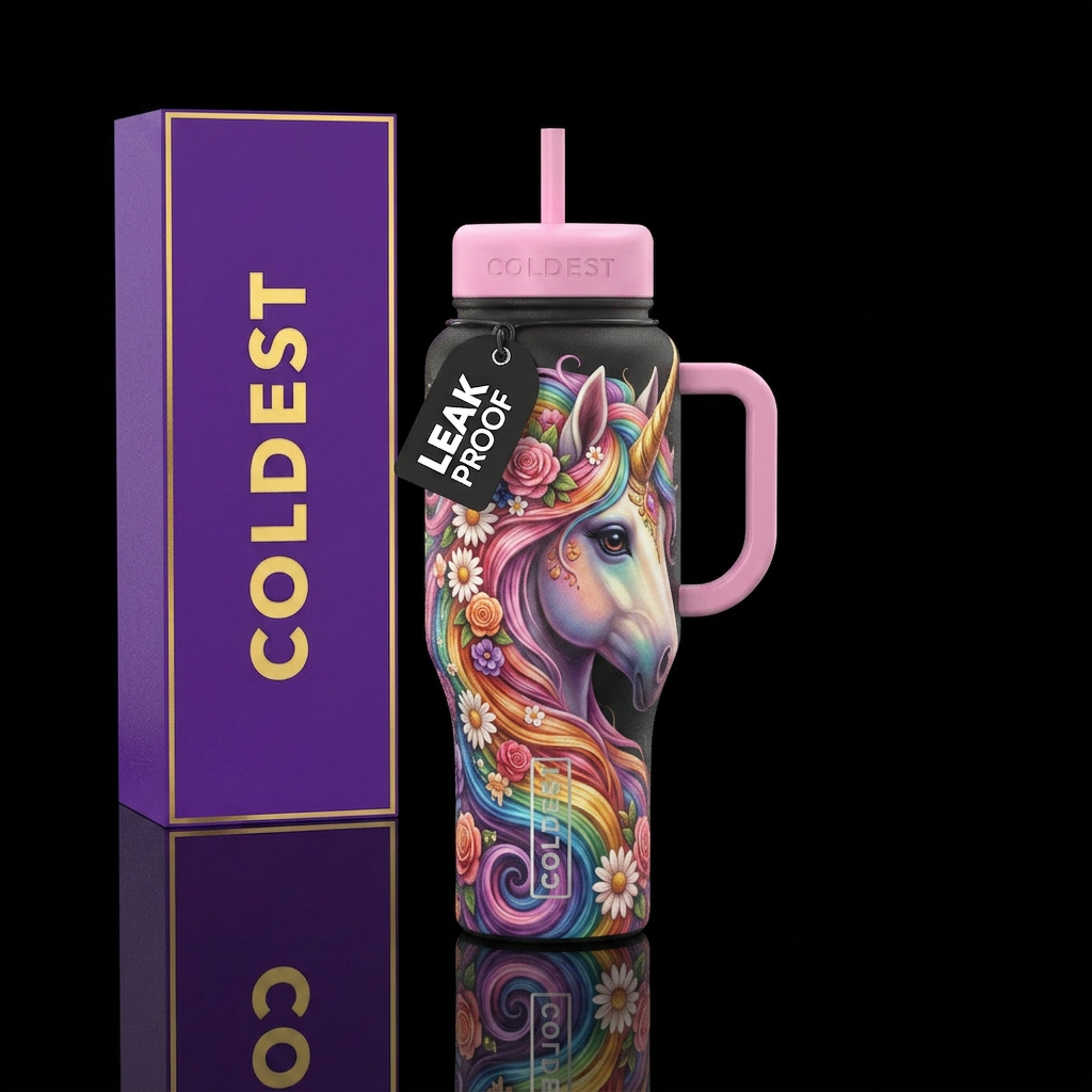 Rainbow unicorn up close with beautiful big mane w... water bottle design