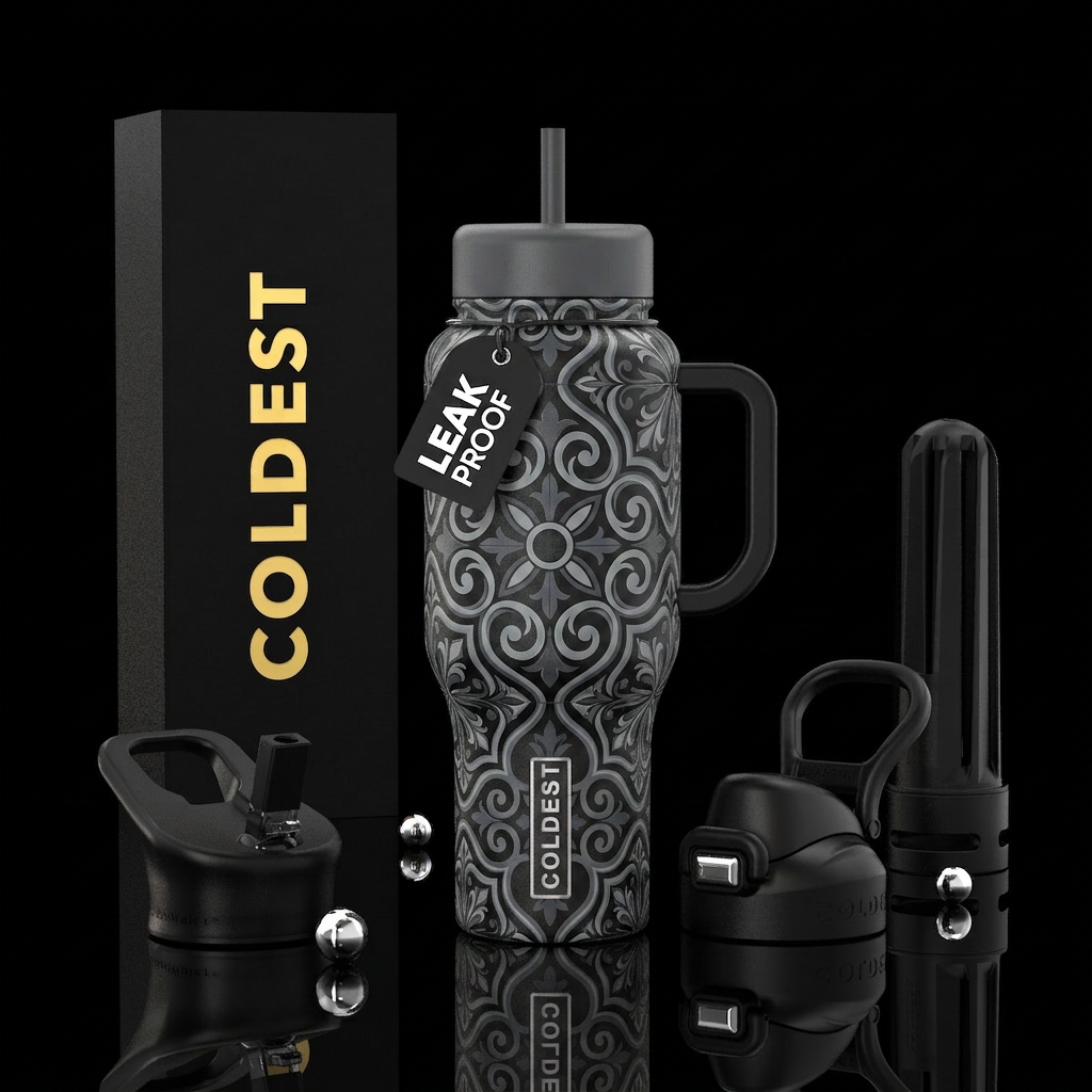 Black Moroccan floral tiles. Black and greys water bottle design