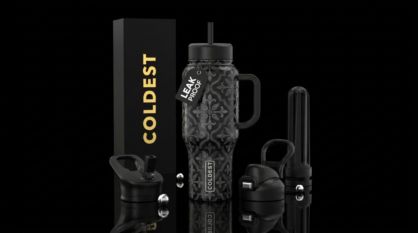 Black Moroccan floral tiles. Black and greys water bottle design