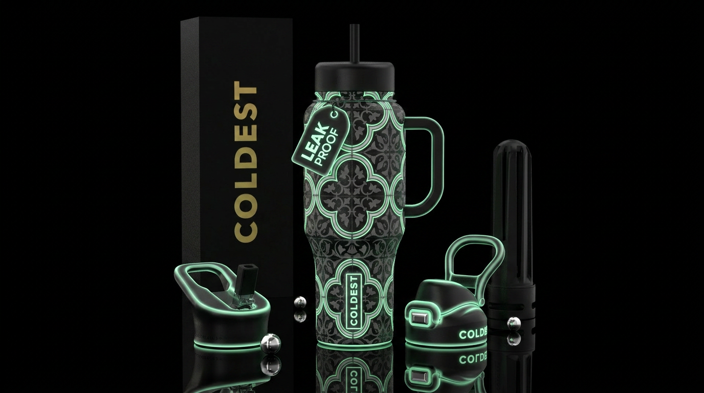 Black Moroccan floral tiles Black and Greys glow i... water bottle design