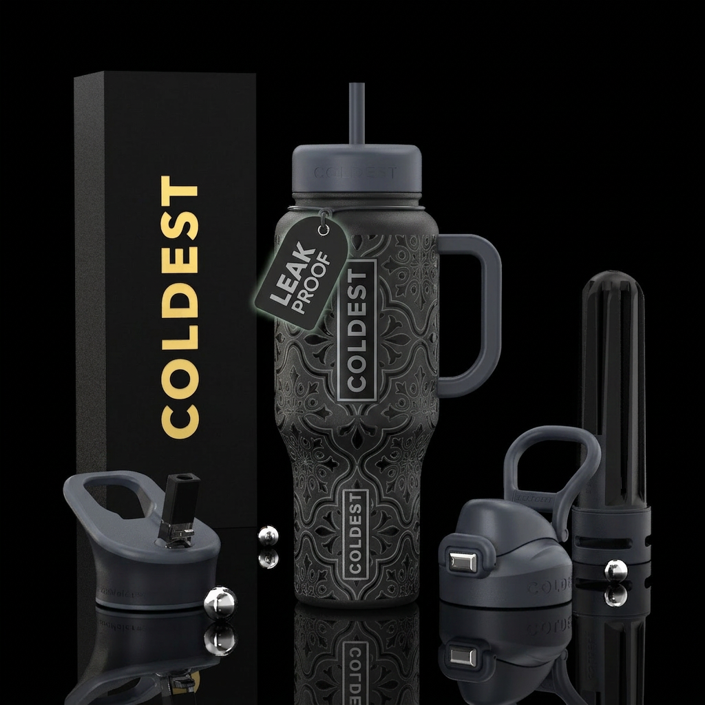 Black Moroccan floral tiles Black and Greys glow i... water bottle design