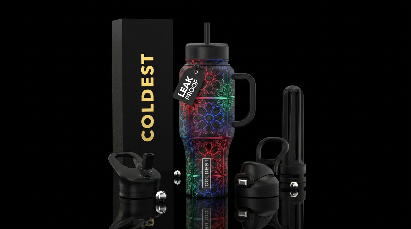 Black floral tiles Black and Greys glow in the dar... water bottle design