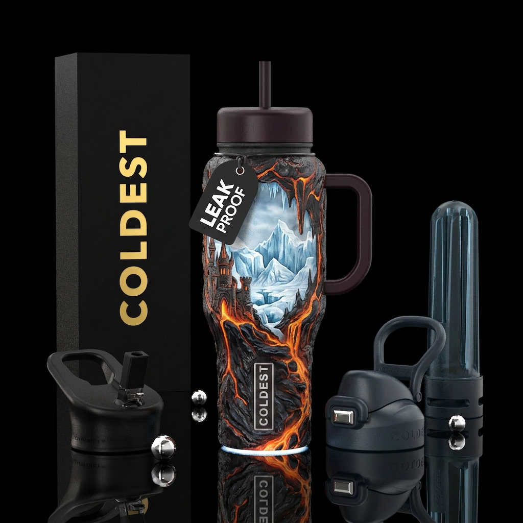 Lava castle surrounded by ice water bottle design